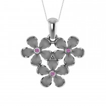 Three Flower Pink Sapphire Accented Pendant Necklace 14k White Gold