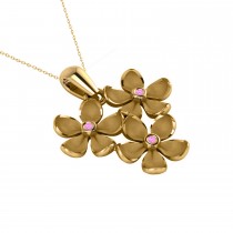 Three Flower Pink Sapphire Accented Pendant Necklace 14k Yellow Gold