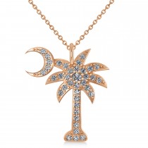 Diamond Palmetto & Crescent Moon Pendant Necklace 14k Rose Gold (0.81ct)