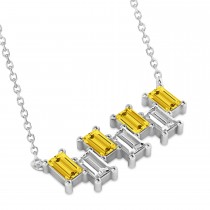Bar Yellow Sapphire & Diamond Baguette Necklace 14k White Gold (3.10 ctw)