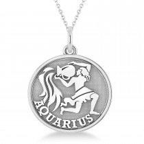 Aquarius Coin Zodiac Pendant Necklace 14k White Gold