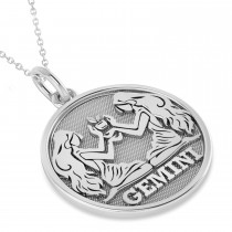 Gemini Coin Zodiac Pendant Necklace 14k White Gold