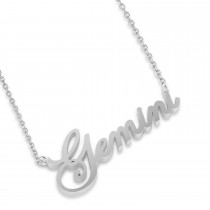 Gemini Zodiac Text Pendant Necklace 14k White Gold