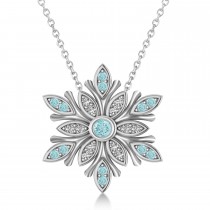 Diamond & Aquamarines Snowflake Necklace 14k White Gold (0.29ct)