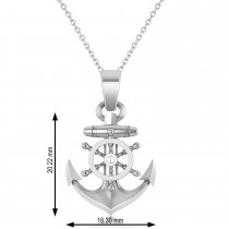 Men's Anchor With Ship's Wheel Pendant Necklace 14k White Gold