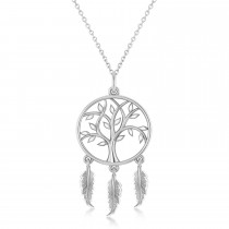 Tree of Life Dream Catcher Pendant Necklace 14k White Gold