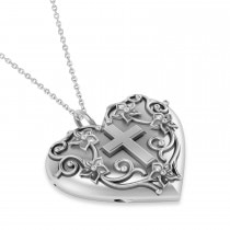 Heart with Cross Locket Pendant Necklace 14K White Gold
