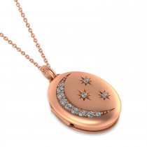Diamond Moon & Stars Locket Pendant Necklace 14K Rose Gold (0.29ct)