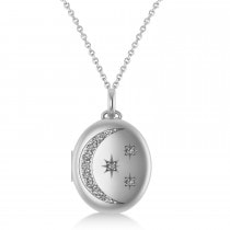 Diamond Moon & Stars Locket Pendant Necklace 14K White Gold (0.29ct)