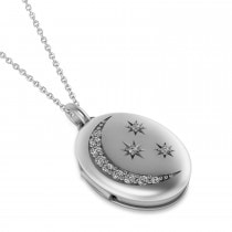 Diamond Moon & Stars Locket Pendant Necklace 14K White Gold (0.29ct)