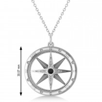 Large Compass Pendant For Men Black & White Diamond Accented 14k White Gold (0.38ct)