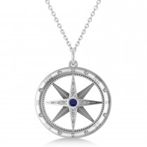 Large Compass Pendant For Men Blue Sapphire & Diamond Accented 14k White Gold (0.38ct)