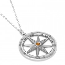 Large Compass Pendant For Men Citrine & Diamond Accented 14k White Gold (0.38ct)