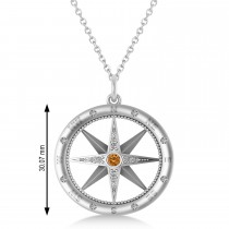Large Compass Pendant For Men Citrine & Diamond Accented 14k White Gold (0.38ct)