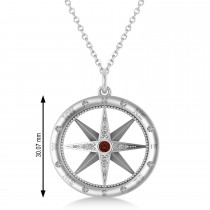 Large Compass Pendant For Men Garnet & Diamond Accented 14k White Gold (0.38ct)
