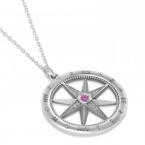 Large Compass Pendant For Men Pink Sapphire & Diamond Accented 14k White Gold (0.38ct)