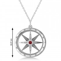 Large Compass Pendant For Men Ruby & Diamond Accented 14k White Gold (0.38ct)