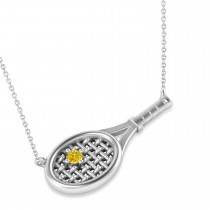 Tennis Racket with Yellow Sapphire Ball Pendant Necklace 14K White Gold (0.05ct)