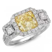 2.01ct Cushion Cut Center and 1.03ct Side 14k Two-tone Gold EGL Certified Natural Yellow Diamond Ring