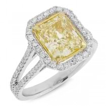 3.01ct Radiant Cut Center and 0.59ct Side 18k Two-tone Gold EGL Certified Natural Yellow Diamond Ring