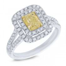 1.32ct Radiant Cut Center and 0.58ct Side GIA Certified 18k Two-tone Gold Natural Yellow Diamond Ring