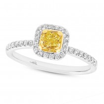 0.58ct Cushion Cut Center and 0.24ct Side 18k Two-tone Gold Natural Yellow Diamond Ring