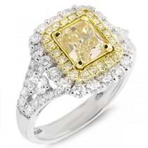 1.53ct Radiant Cut Center and 1.18ct Side 18k Two-tone Gold EGL Certifed Natural Yellow Diamond Ring
