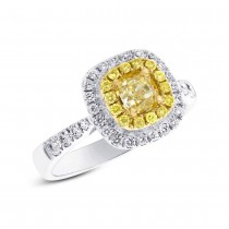 0.63ct Cushion Cut Center and 0.45ct Side 18k Two-tone Gold Natural Yellow Diamond Ring