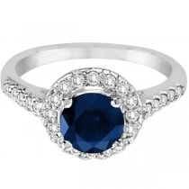 Halo Diamond Accented Blue Sapphire Ring 14k White Gold (2.00ctw)