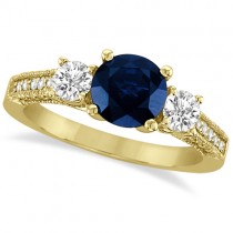 Vintage Milgrain Diamond and Blue Sapphire Ring 14k Yellow Gold (2.32ct)