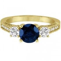 Vintage Milgrain Diamond and Blue Sapphire Ring 14k Yellow Gold (2.32ct)