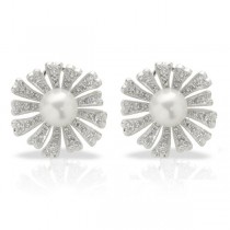Akoya Pearl & Diamond Flower Earrings Set in 18k White Gold 8-8.5mm