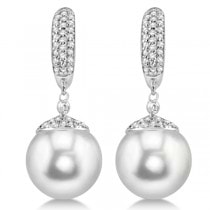 South Sea Pearl & Diamond Dangle Earrings 14k W. Gold 11-12mm 0.64ct