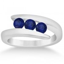 Custom-Made Blue Sapphire and Diamond 3 Stone Journey Ring Tension Set 14K White Gold 1.00ctw