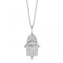 Custom-Made Diamond and Blue Sapphire Hamsa Pendant Necklace 14k White Gold (0.32t)