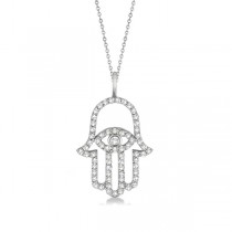 Custom-Made Diamond Hamsa Evil Eye Pendant Necklace 14k White Gold (0.51ct)(Blue Sapphire-Eye)