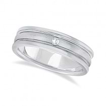 Mens Engraved Diamond Solitaire Wedding Band 18k White Gold (0.05ct)