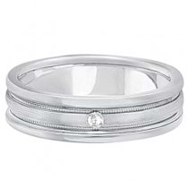Mens Engraved Diamond Solitaire Wedding Band 18k White Gold (0.05ct)