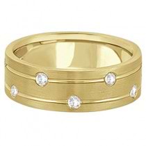Mens Wide Band Diamond Wedding Ring w/ Grooves 14k Yellow Gold (0.40ct)