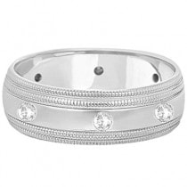Mens Engraved Diamond Wedding Ring Wide Band 14k White Gold (0.35ct)