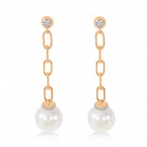Diamond & Pearl Paperclip Link Earrings 14k Rose Gold (0.15ct)