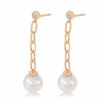 Diamond & Pearl Paperclip Link Earrings 14k Rose Gold (0.15ct)