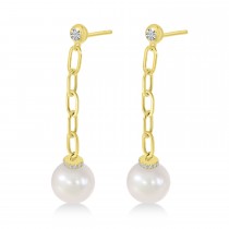 Diamond & Pearl Paperclip Link Earrings 14k Yellow Gold (0.15ct)