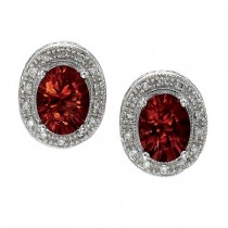 Oval Garnet and Diamond Earrings 14k White Gold (8x6mm)