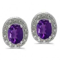 Oval Amethyst and Diamond Earrings 14k White Gold (8x6mm)