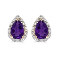 Pear Amethyst and Diamond Stud Earrings 14k Yellow Gold (1.32ct)