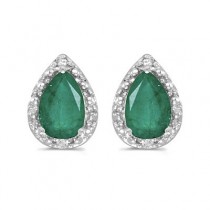 Pear Emerald and Diamond Stud Earrings 14k White Gold (1.42ct)