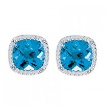 Cushion-Cut Blue Topaz and Diamond Earrings in 14k White Gold