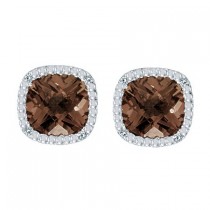 Cushion-Cut Smoky Topaz and Diamond Earrings in 14k White Gold