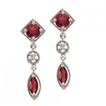 Round & Marquise Garnet and Diamond Dangling Earrings 14K White Gold